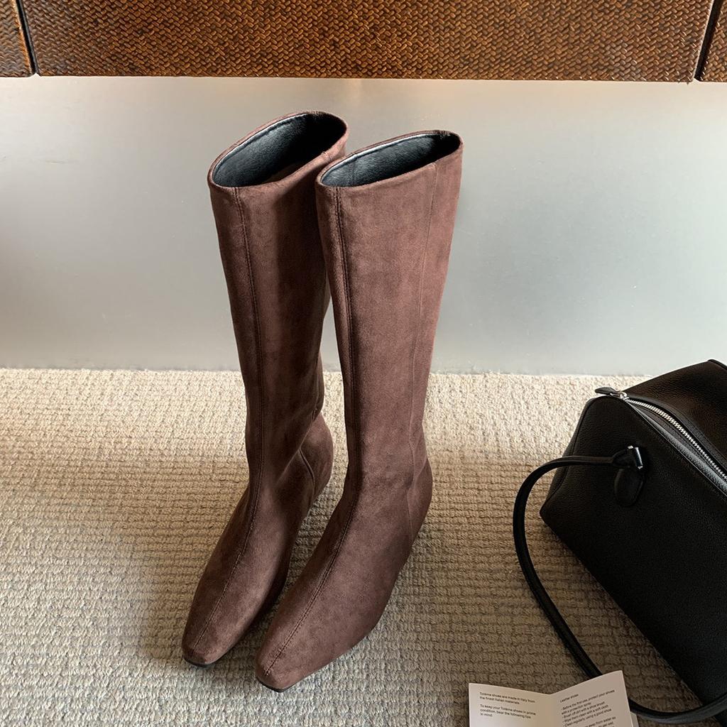 Cowhide Edition~ Suede Small Inner Height Increasing Boots Women's Skinny Boots Square Head Knight Boots Versatile High Boots