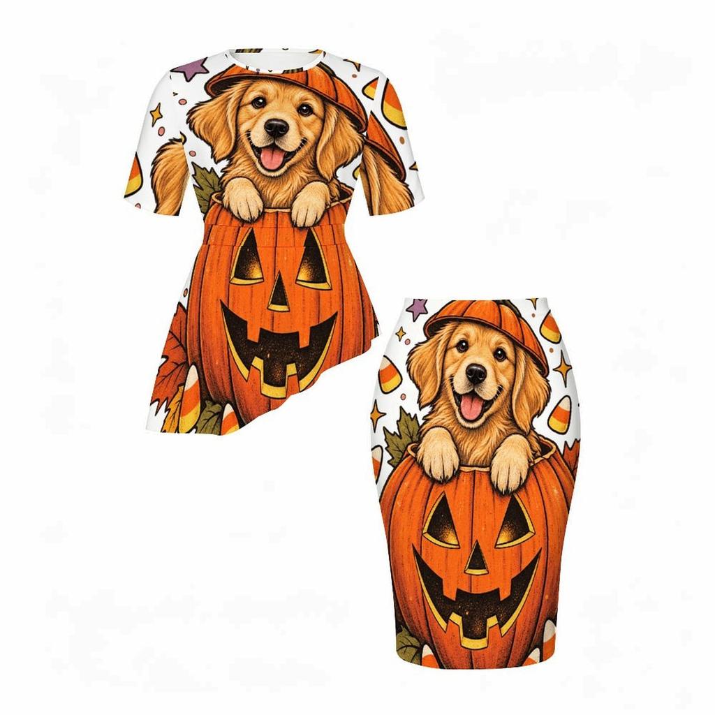 Women Plus Size Round Neck Short Sleeve Halloween Raccoon Pumpkin Printed Asymmetric Top Fitted Skirt Two Piece Set