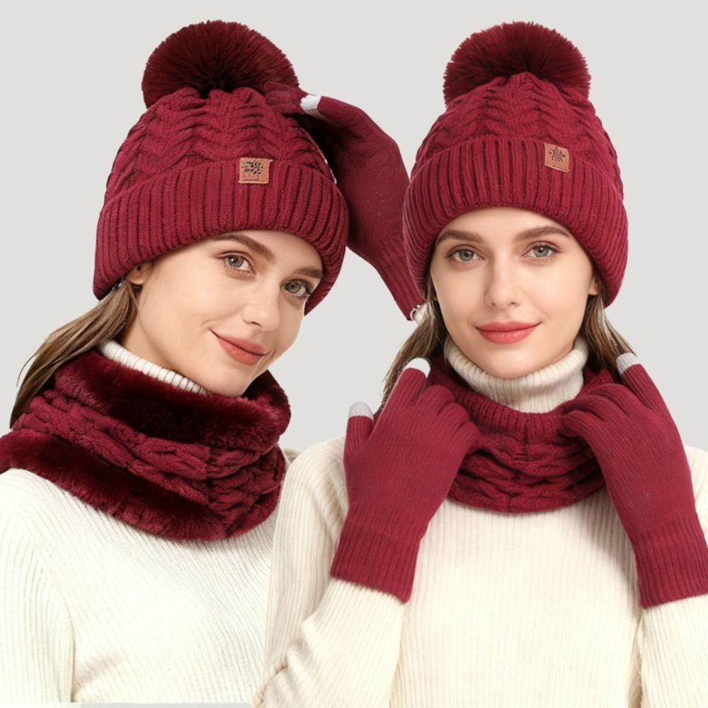 Solid Color Women Hat Scarf Gloves Set Beanie Hat Winter Knit Gloves Set  Winter Season