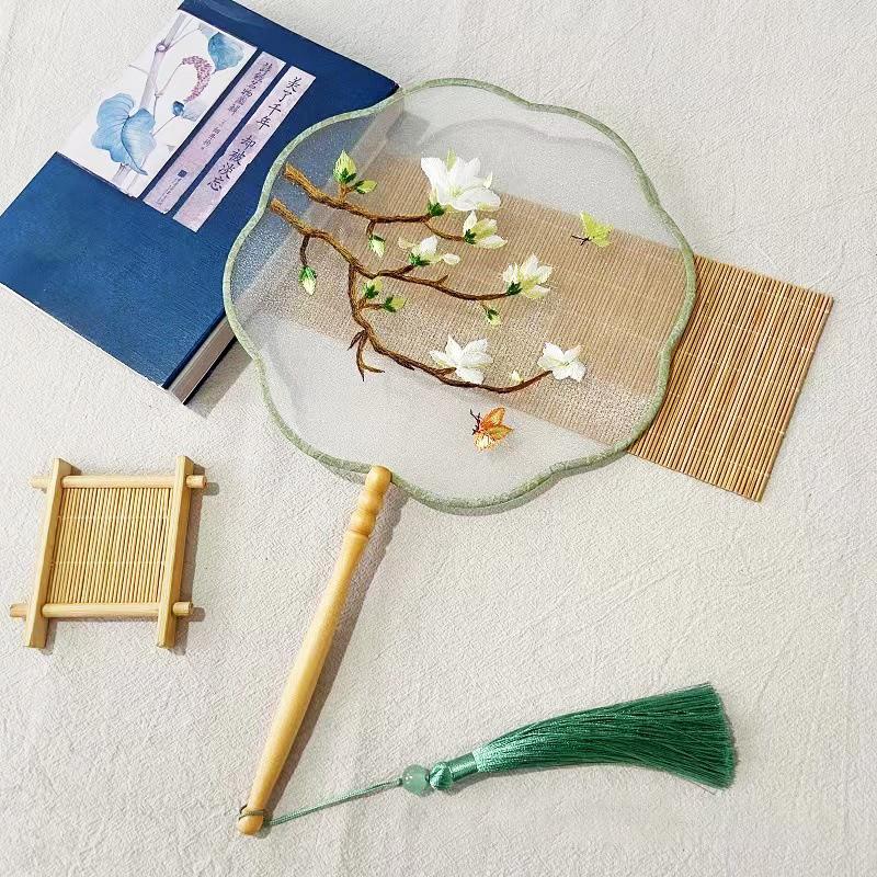 Embroidery Round Fan Classical Long Handle Group Fan Dance Fans Photography Props Home Decor