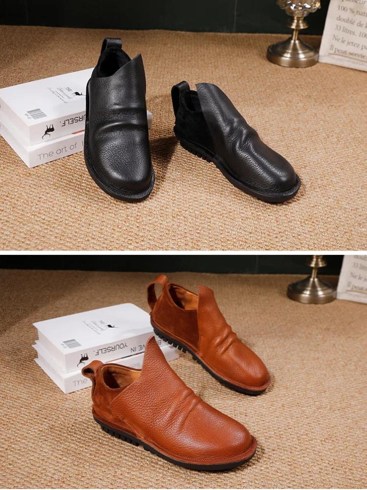 Johnature Miękka Skóra Bydlęca Damskie Wsuwane Buty Skórzane Miękka Podeszwa Retro Wszechstronne Płaskie Botki