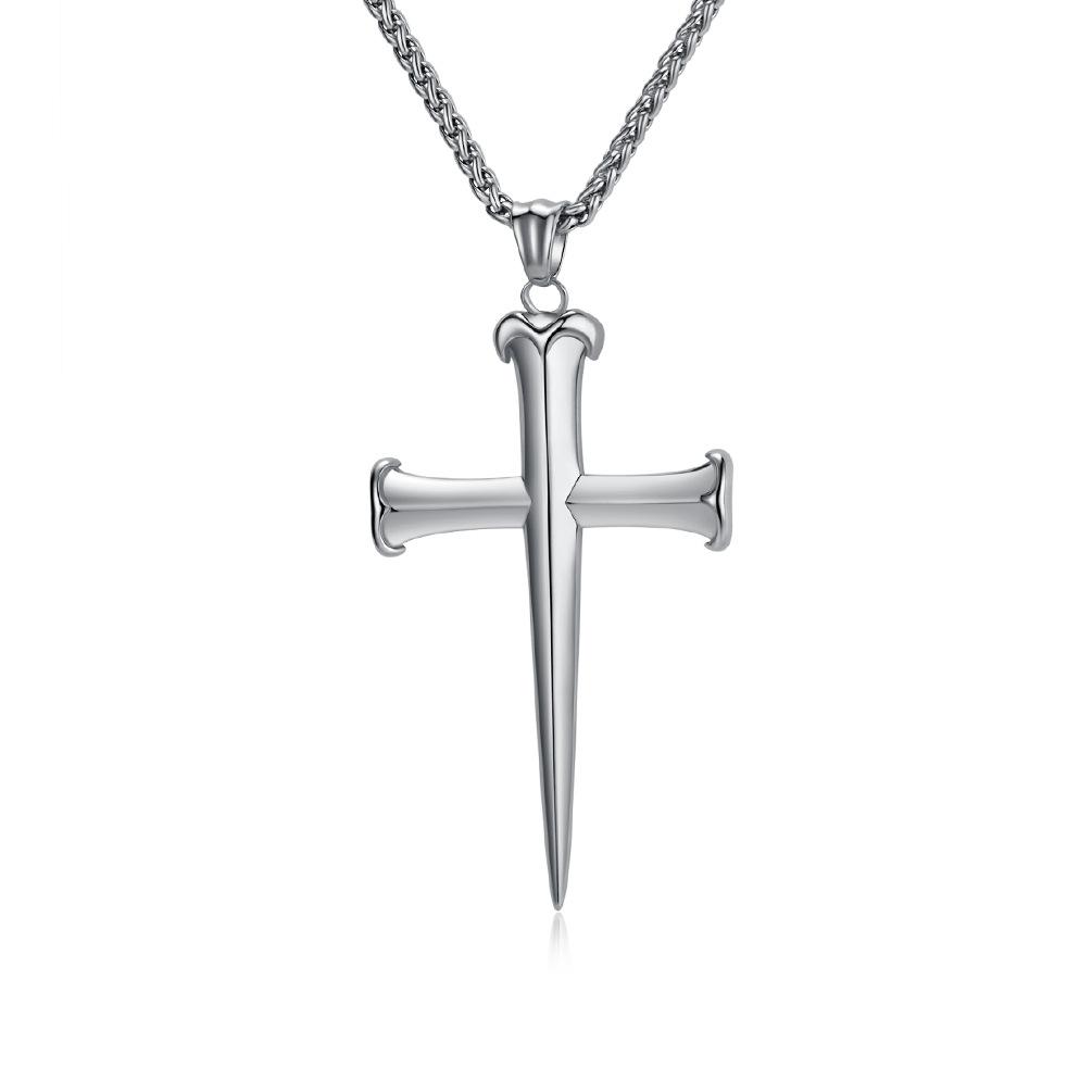Simple Smooth Steel Nails Titanium Steel Cross Necklace Male Personality Punk Literary Retro Cross Pendant 60CM