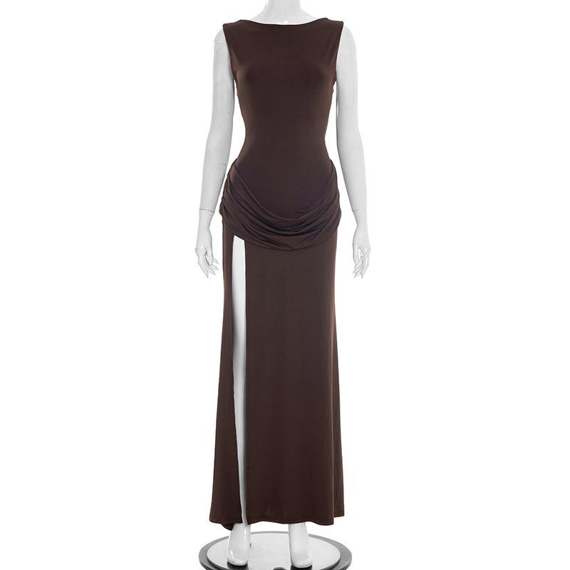 European and American women's clothing summer new solid color casual back drop neck sleeveless slim slit backless dress