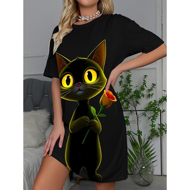 3D-Druck Kleid 2026 Damen Pyjama Katze Aufdruck Kurzarm Große Größe T-Shirt Ausgehen & Hauskleidung Damen Pyjama