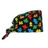 Autism Awareness Colorful Puzzle Pieces Working Cap Women Scrub Cap with Sweatband Adjustable Tie Back Hat Nurse Surgical Caps