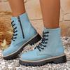 Fashion Light Blue Denim Platform Ankle Boots for Women Lace Up Non Slip Combat Shoes Woman Autumn Winter Fashion Short Boots Plus Size