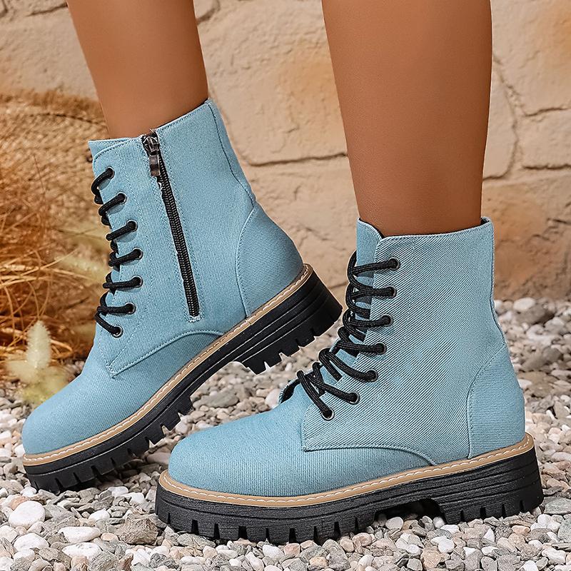 Fashion Light Blue Denim Platform Ankle Boots for Women Lace Up Non Slip Combat Shoes Woman Autumn Winter Fashion Short Boots Plus Size