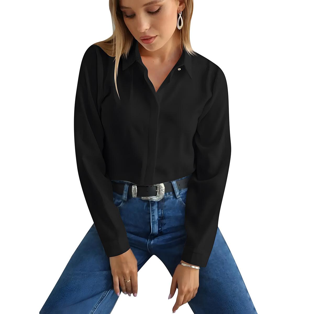 

Весенне-осенняя женская рубашка со скрытыми пуговицами и ромбовидными пуговицами, офисная рубашка с длинным рукавом 2XL чёрный