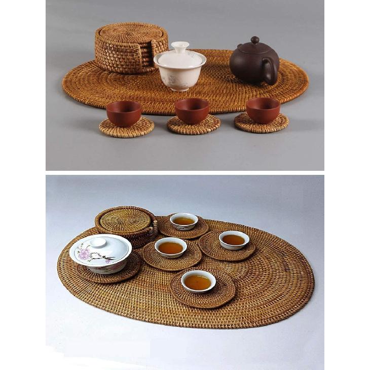 Set of 2 Oval 15.7x11.8IN Natural Handmade Rattan Placemats Rattan Insulation Heat-Resistant Mat Pot Holder Tripod