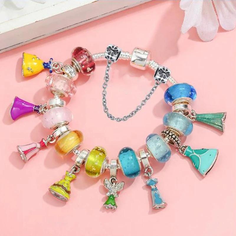 Colors Enamel Disney Princess Dress Charms Pulseiras for Girls Colorful Glass Beads Bracelets&Bangles Women Cartoon Skirt Dangle