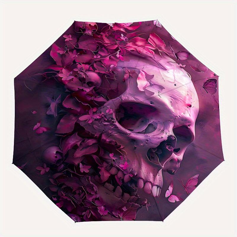 1pc Dreamlike Fusion of Skulls Butterflies and Petals Pattern Automatic Umbrella is Fashionable, Suitable for Travel and Daily UseC059