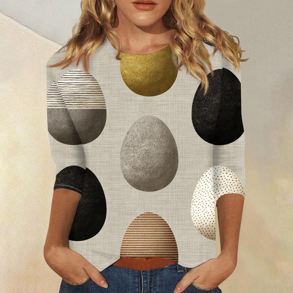 Women's Fashionable Casual Three-quarter Sleeve Easter Print Round Neck Pullover Top