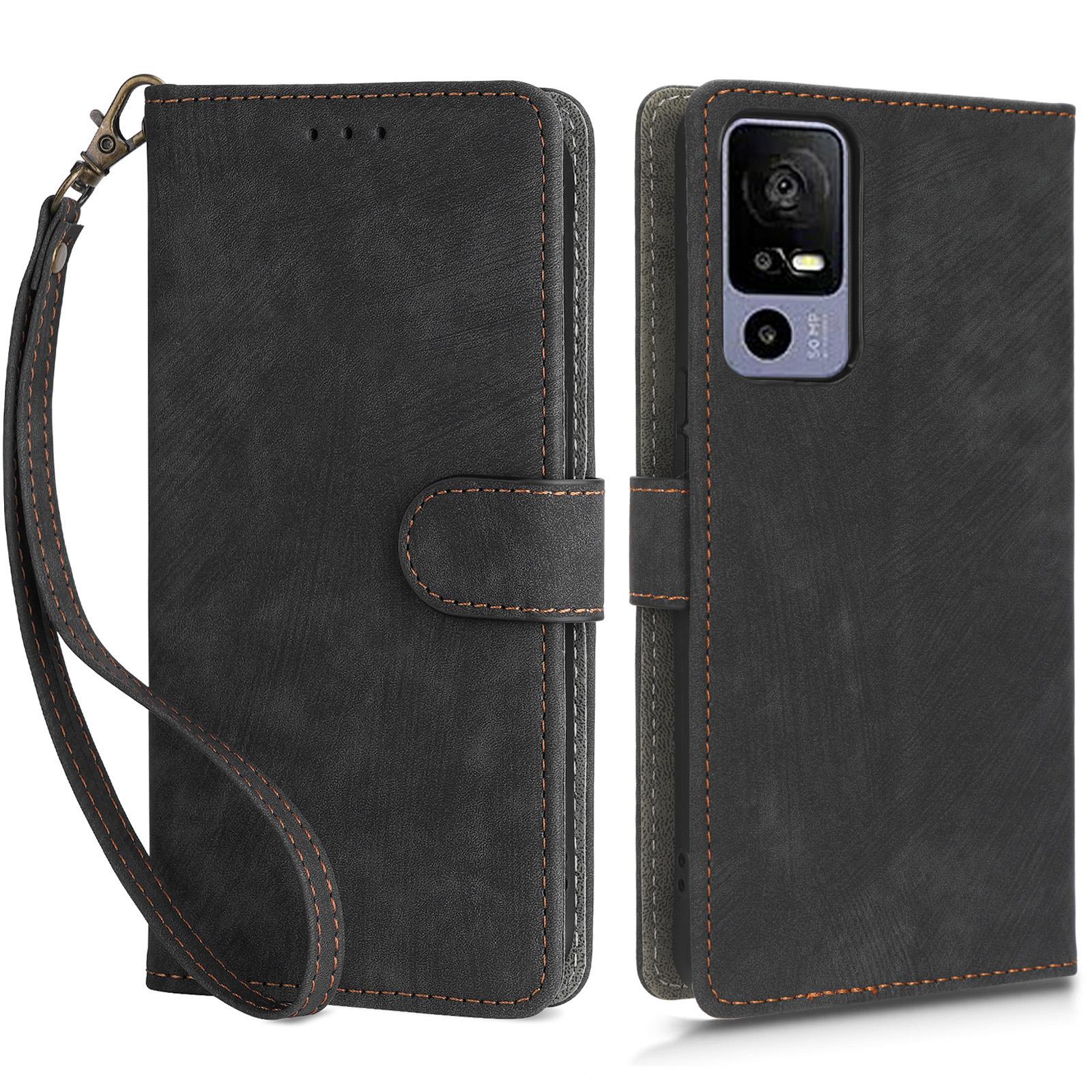 

RFID Blocking Phone Case for TCL 40R 5G,Wallet Stand Leather Phone Cover with Strap Black