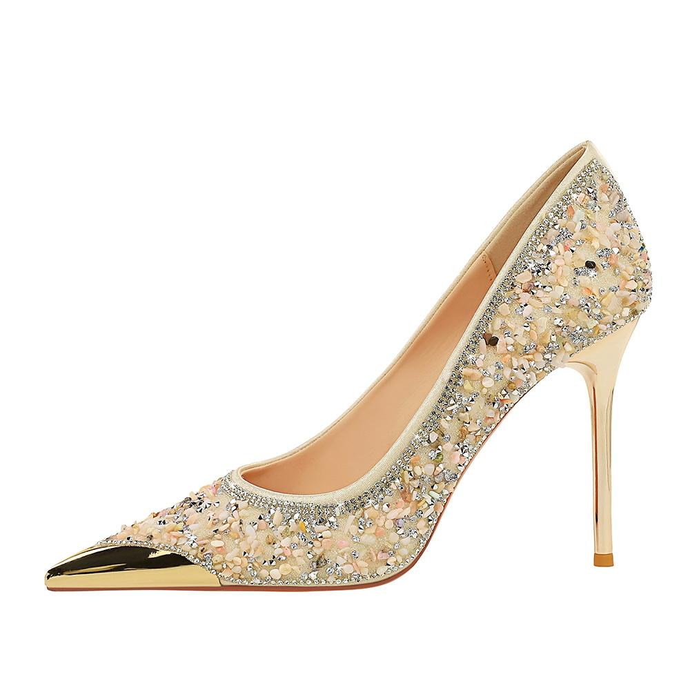 9.5CM Style Fine Heel Rhinestone High Heels Metal Pointed Women's Shoes Shallow Mouth One Pedal Crystal Single Shoes Women