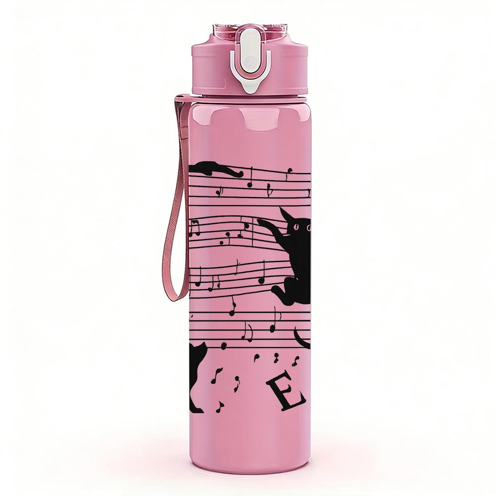 1PC Musical Note Black Cat 750ml Color Plastic Sports Water Bottle Leakproof Flip Straw Lid For Sports Office Home Use