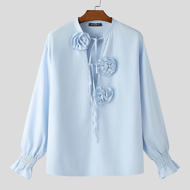 INCERUN Eleganti Camicie Casual da Uomo con Laccio al Collo, Maniche Lunghe, Fantasia Floreale