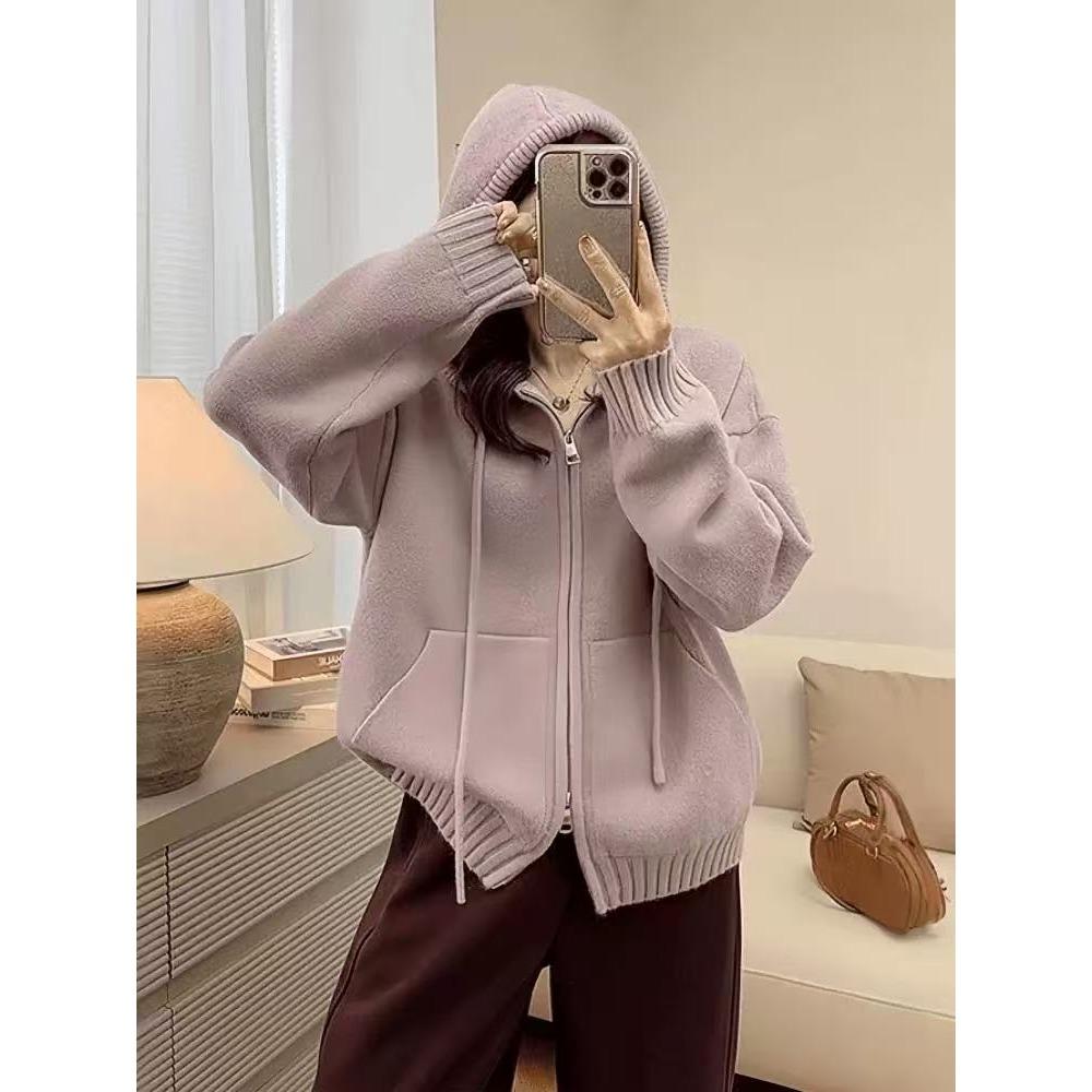 Solid-color Hooded Zipper Sweater Jacket, A New Laid-back Style Knitted Cardigan for Women In Autumn and Winter