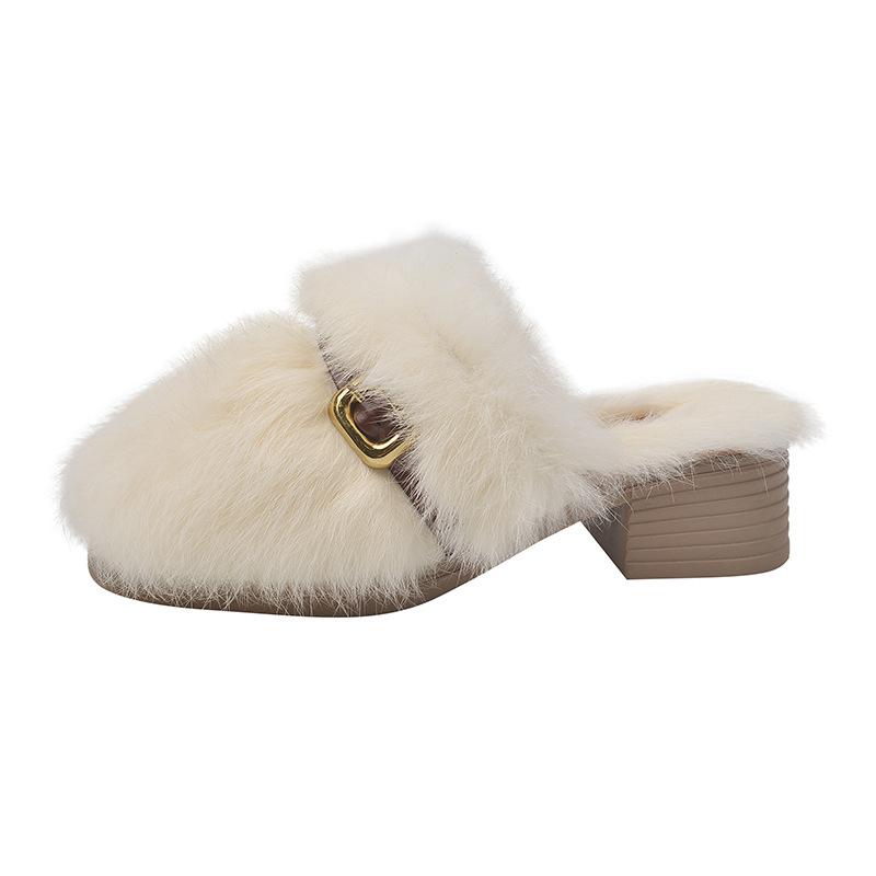 

Thick heel warm plush fashion fluffy half slippers women s 2025 autumn Korean version temperament outer wear medium heel lazy slippers 35