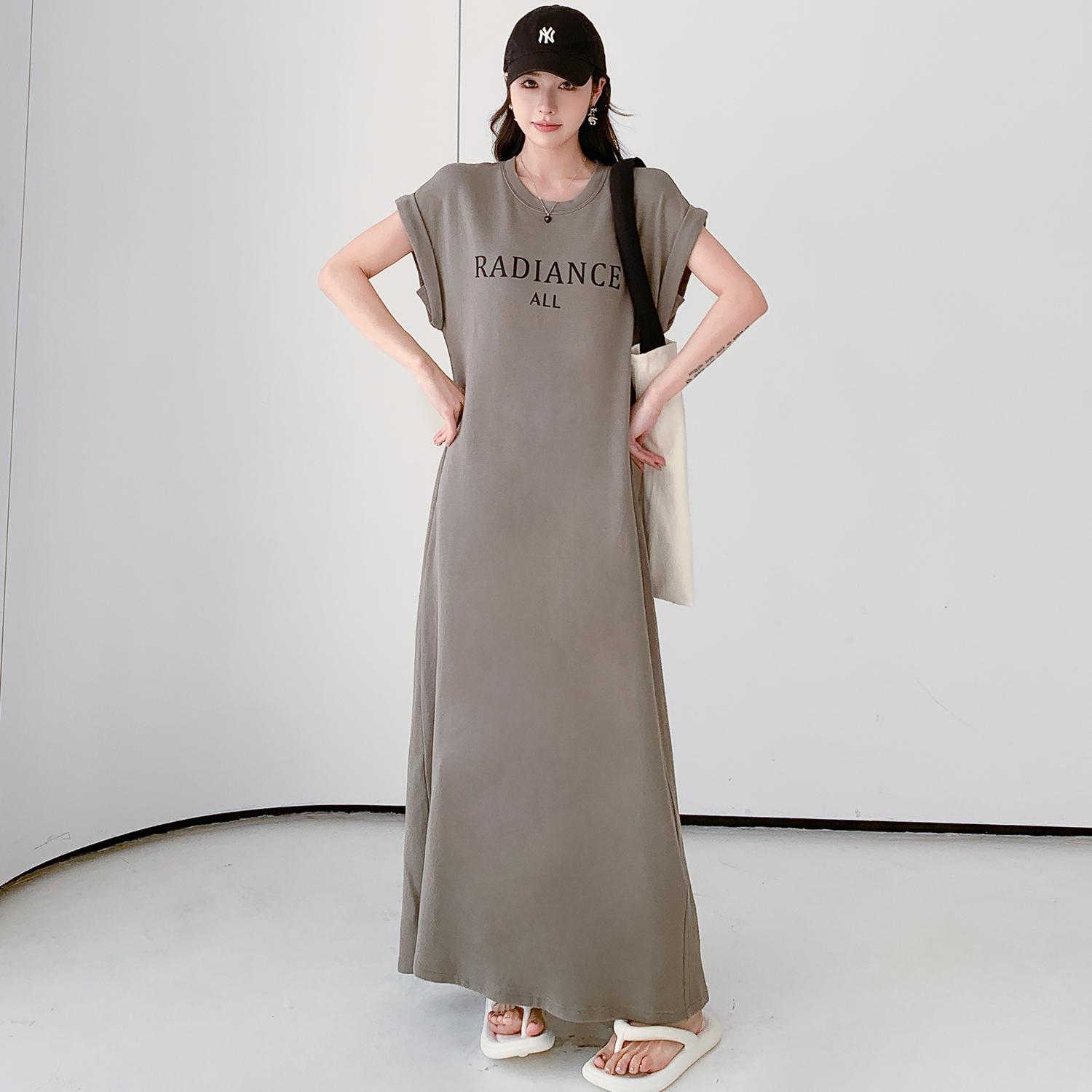 

MODIQUE Лето Плюс Размер Женщины Свободная Универсальная Минималистская Футболка Трапеции с Буквами и Принтом Длинное Платье Женское Повседневное Однотонное Платье С Коротким Рукавом и О-Образным Вырезом 3XL зелёный