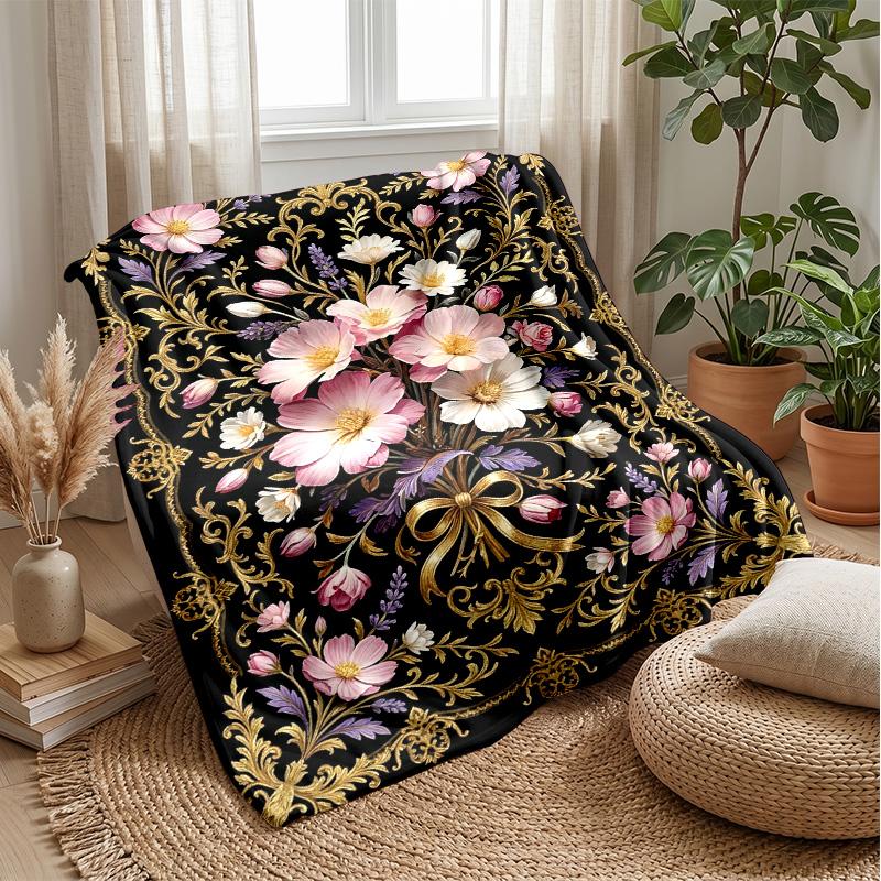 Elegant Floral Frame Theme Blanket Lightweight Warm Flannel Blanket Decorative Throw Blanket for Home Decoration