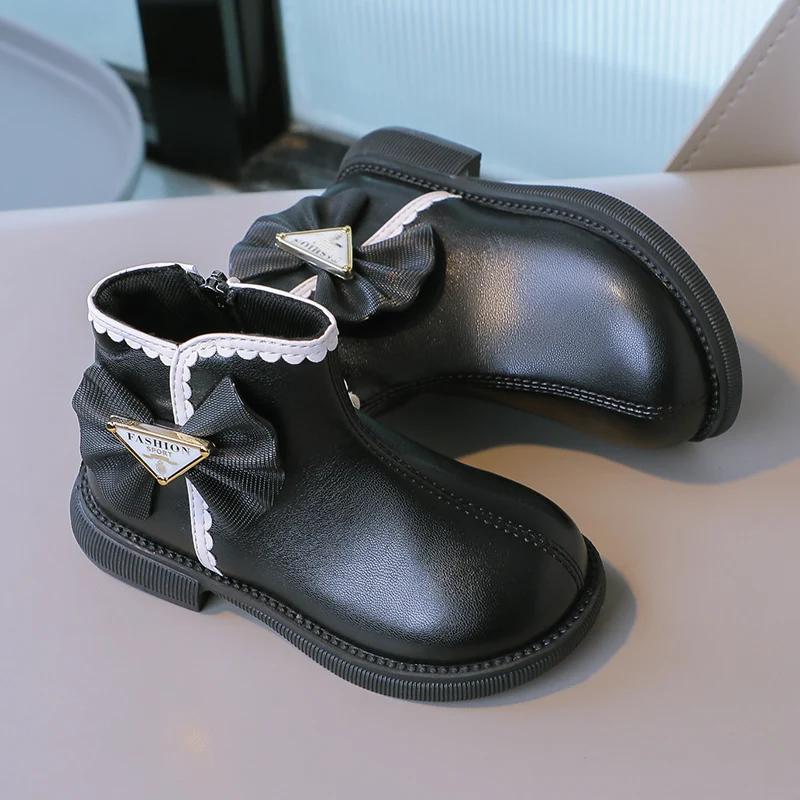 Kids Casual Boots for Girls Bow Lace Solid Color Sewing Cute 2024 Spring Autumn New Children Fashion Short Boots Princess Shoes