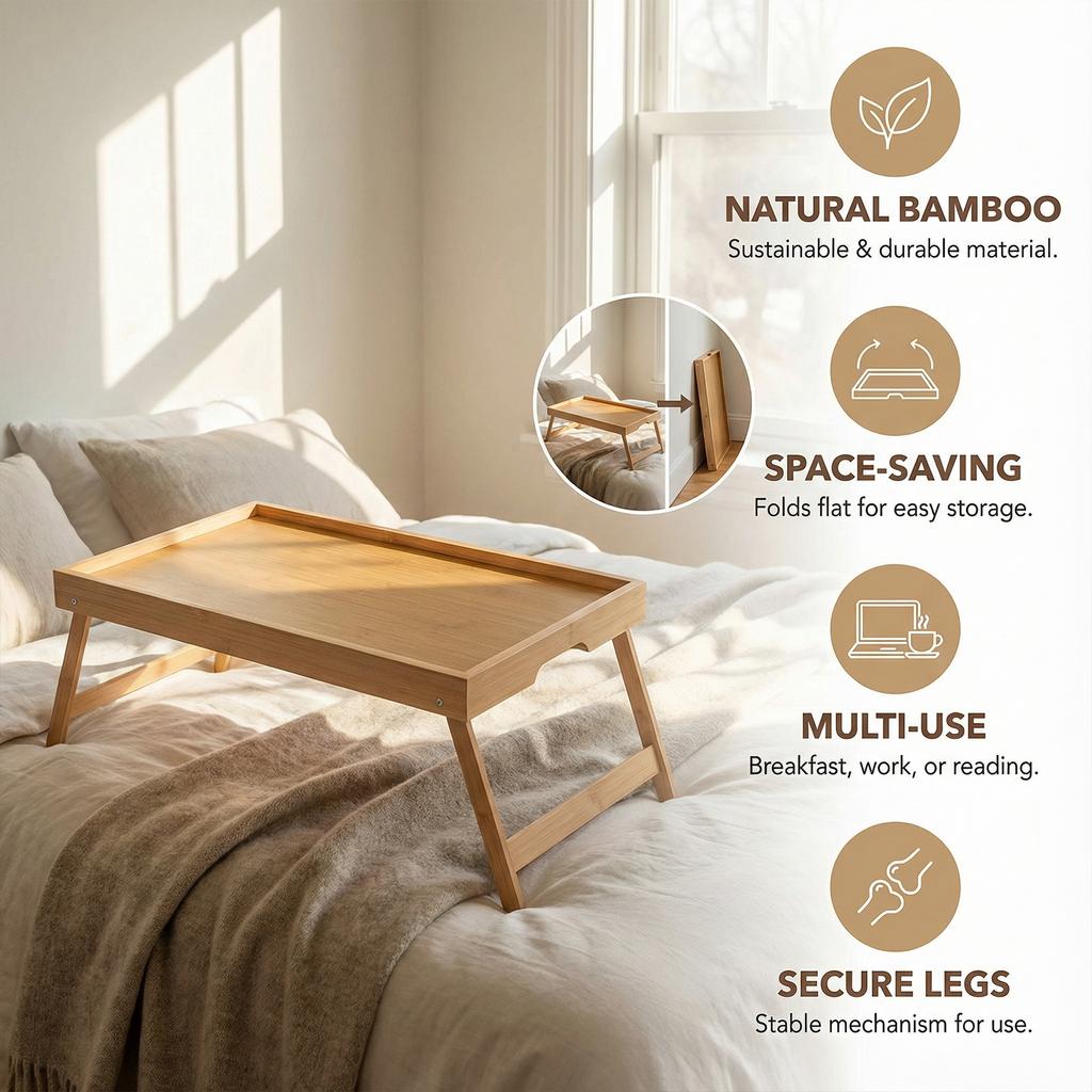 Portable Multifunctional Bamboo Serving Tray with Folding Legs Breakfast in Bed Tray for Sofa Serving Eating Working Reading