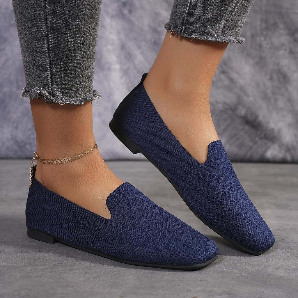 Novos mocassins de malha com bico quadrado de cor sólida, sapatos baixos rasos para mulheres, sapatos baixos de malha com fundo macio, sapatos casuais sem cadarço, sapatos de barco
