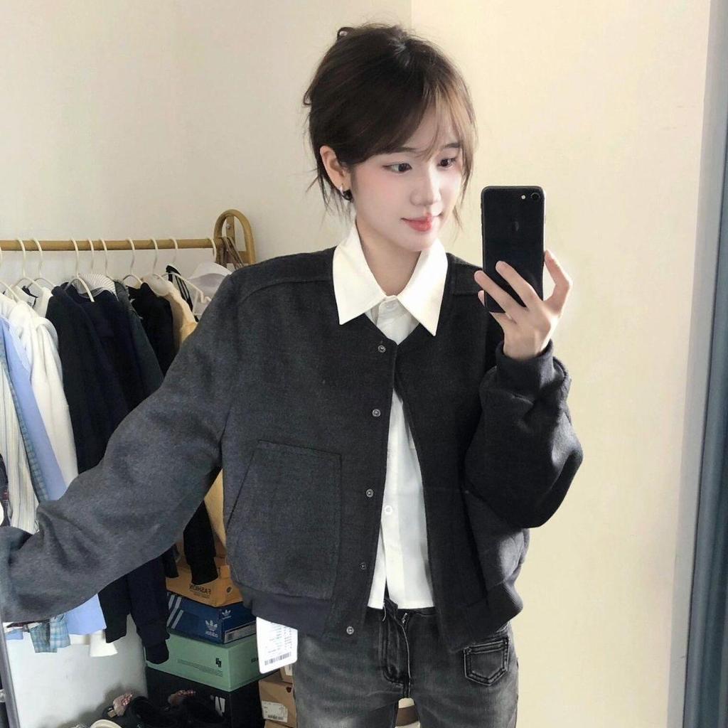 Women's New American Retro Gray Short Baseball Jacket - Loose Casual Spring & Autumn Top