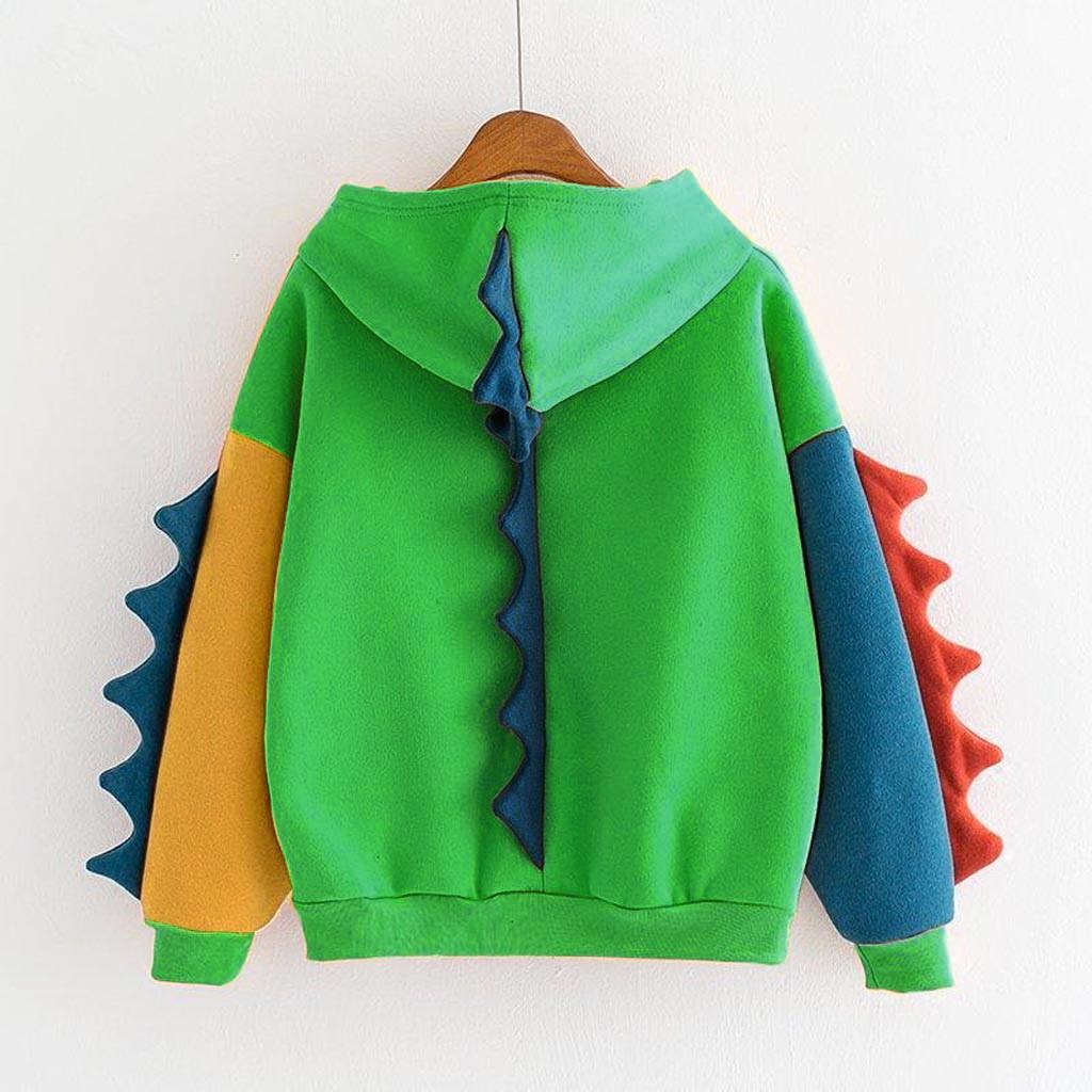Women's Solid Color Contrasting Dinosaur Loose Casual Hoodie
