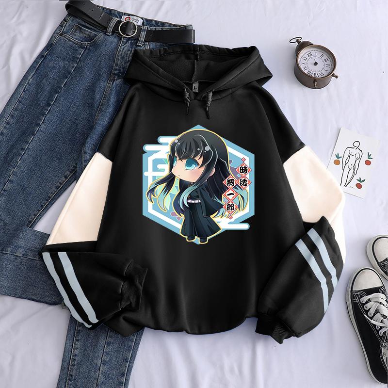 

Горячая аниме Demon Slayer Muichiro Tokito Kawaii с мультяшным принтом для мужчин и женщин лоскутные толстовки Harajuku Kimetsu No Yaiba толстовка S чёрный/белый