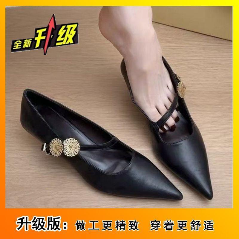 Evening Wind Small Leather Shoes Pointed Temperament Metal Buckle Word with High Heels Shallow Mouth 2025 Spring and Autumn New Versatile Commuting