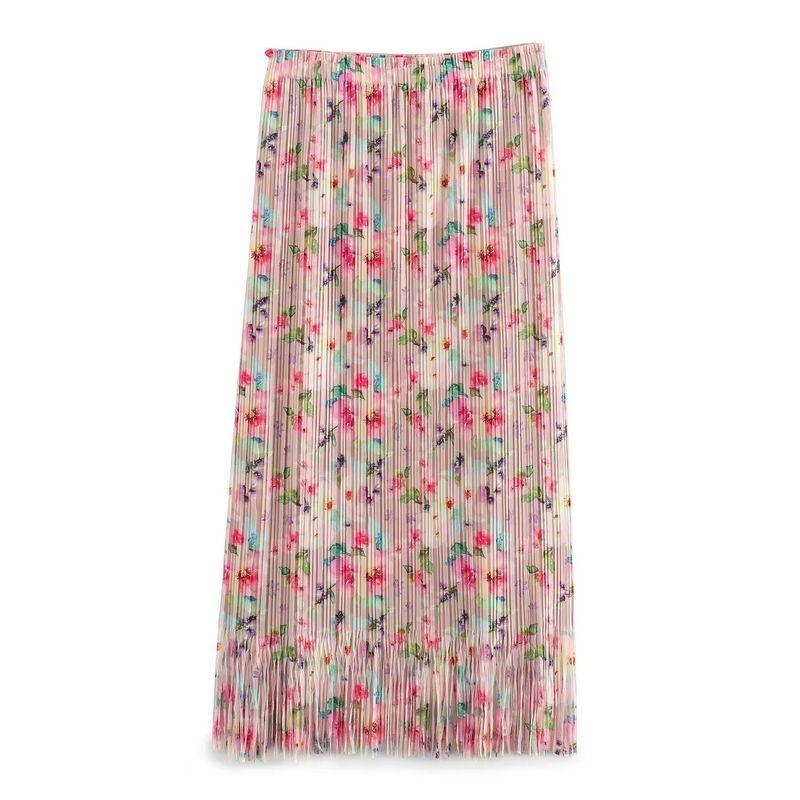 

Zbzr Spring New Women clothes European and American Style Fashion Single Layer Sanzhai Creased Print Tassel Elastic Skirt Pink floral One size