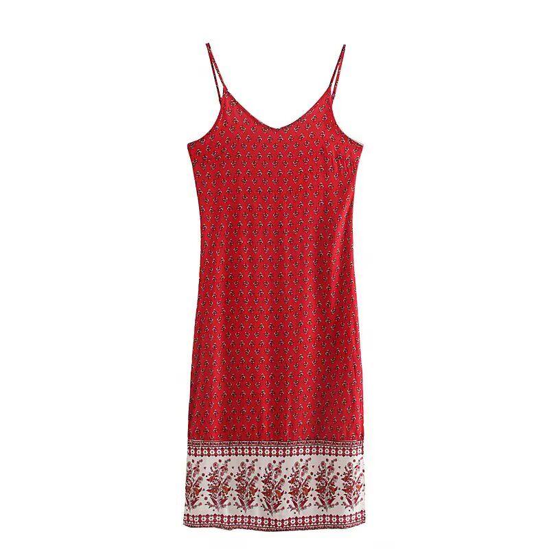 Kaslead New Women clothes Western Style Fashion Red Cashew Nut Rayon Positioning Print Suspender Skirt