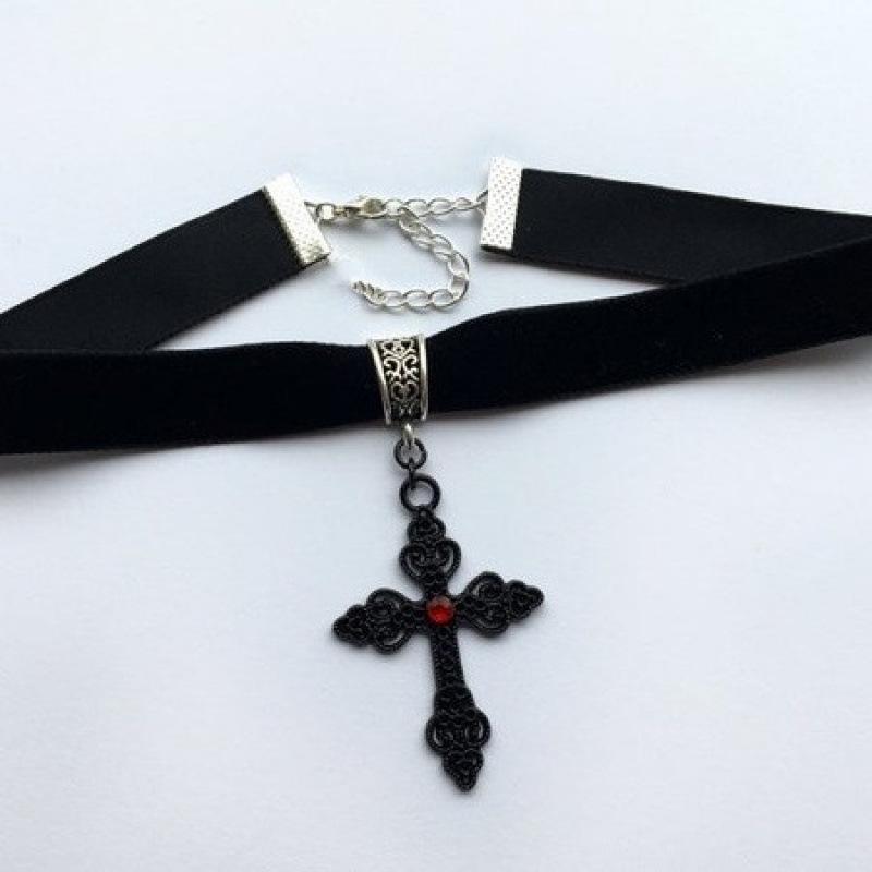 Gothic Black Velvet Cross Choker Necklace