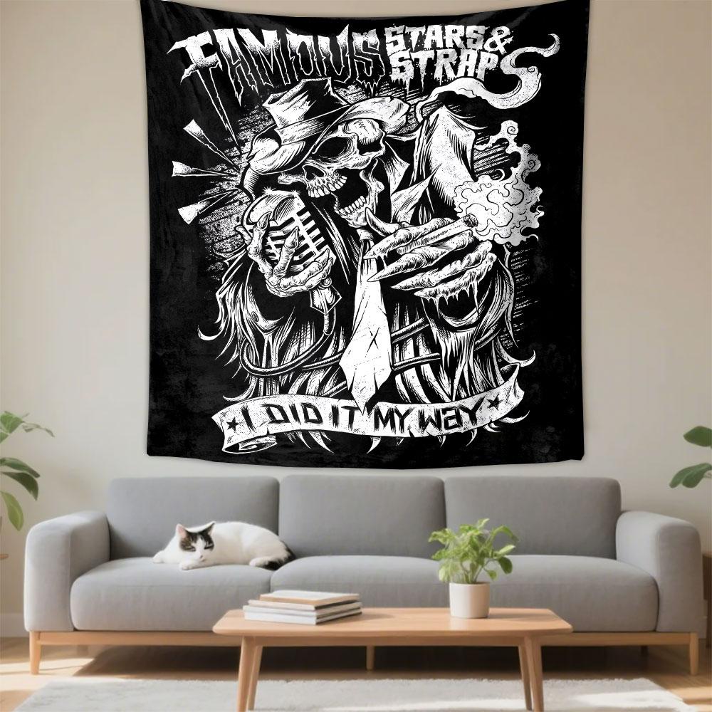 Famous Stars and Straps Tapestry Wall Hanging, Punk Rock Brand Skull Art, Street Style Wall Decor for Bedroom Dorm