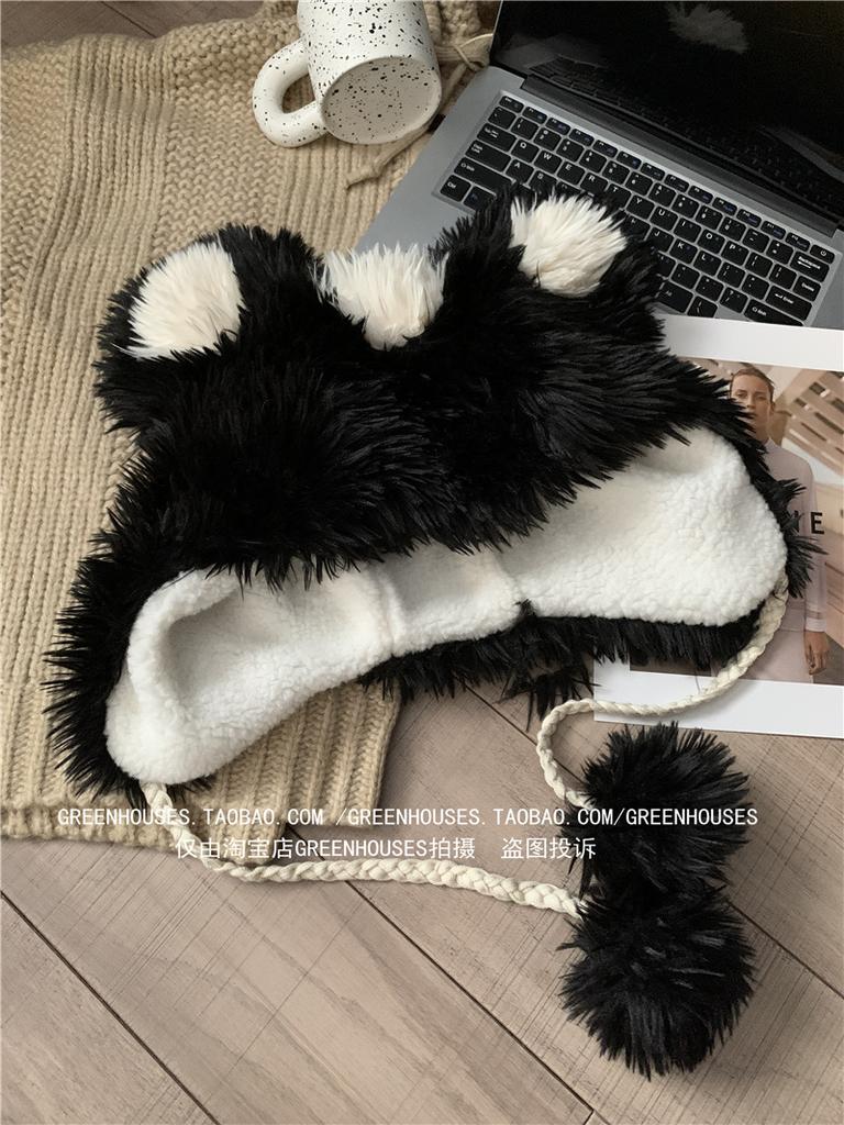 Niedliche Bärenmütze, weiblicher, verdickter Plüsch, Winter-Ohrenschutz, Pullover-Mütze zeigt ein kleines Gesicht und hält warm, Lei Feng-Mütze, Studentenflut