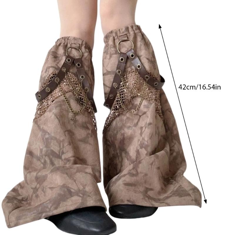 Damen Subkulturen Punk Netz-Spleißung Tie-Dye Beinwärmer Ösen PU-Riemen Kette Ausgestellte Baggy Fußabdeckungen Lange Socken