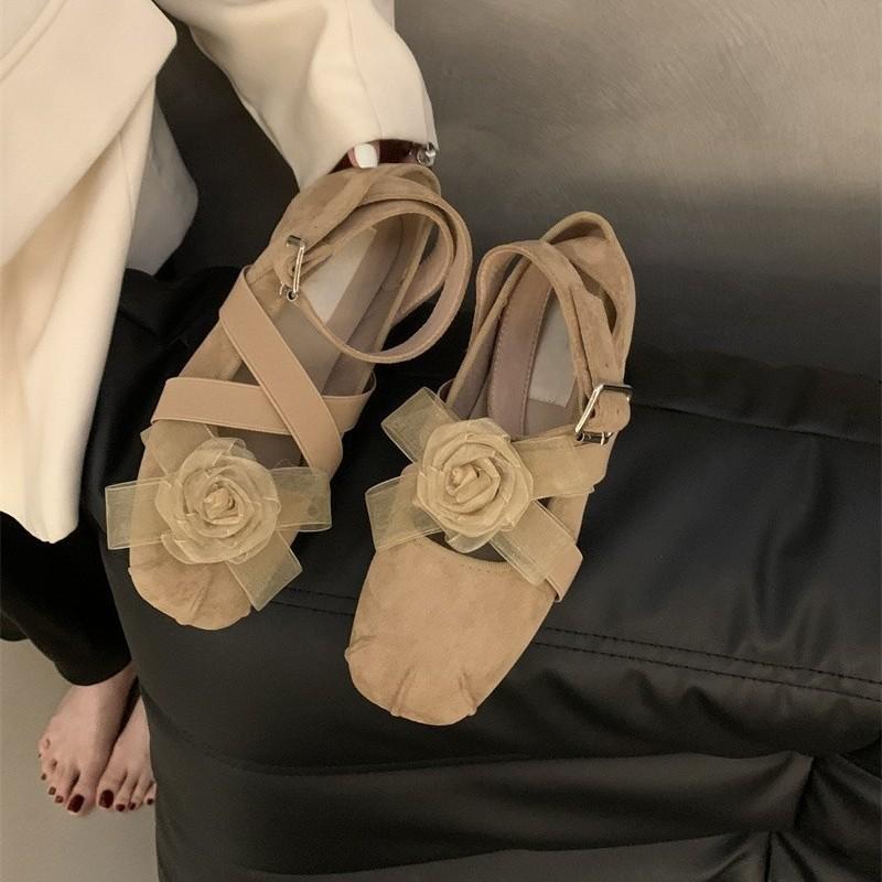 Inner height increase 5cm small retro camellia ballet shoes women's 2025 summer cross with round head Mary Jane shoes