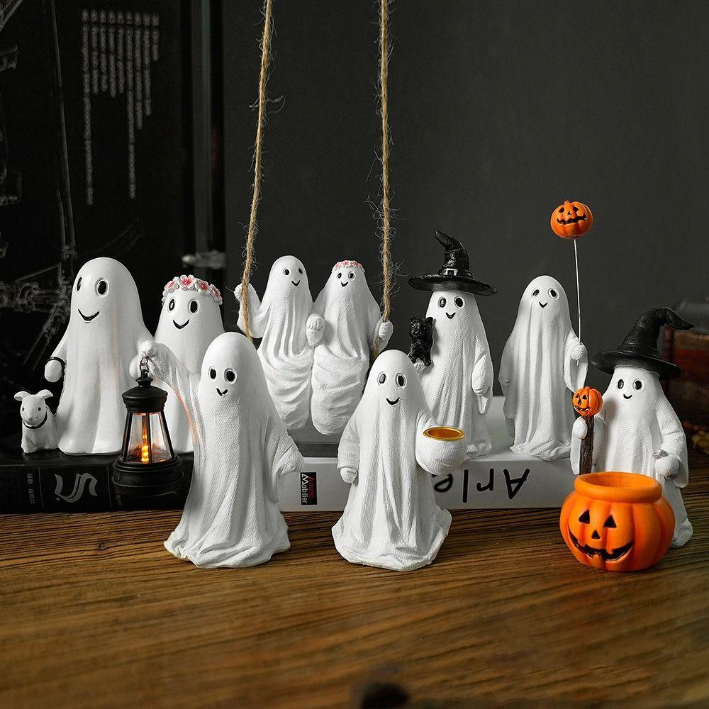 Creative Ghost Pumpkin Figurine Resin Desktop Ornament Crafts Halloween Statue  Bedroom