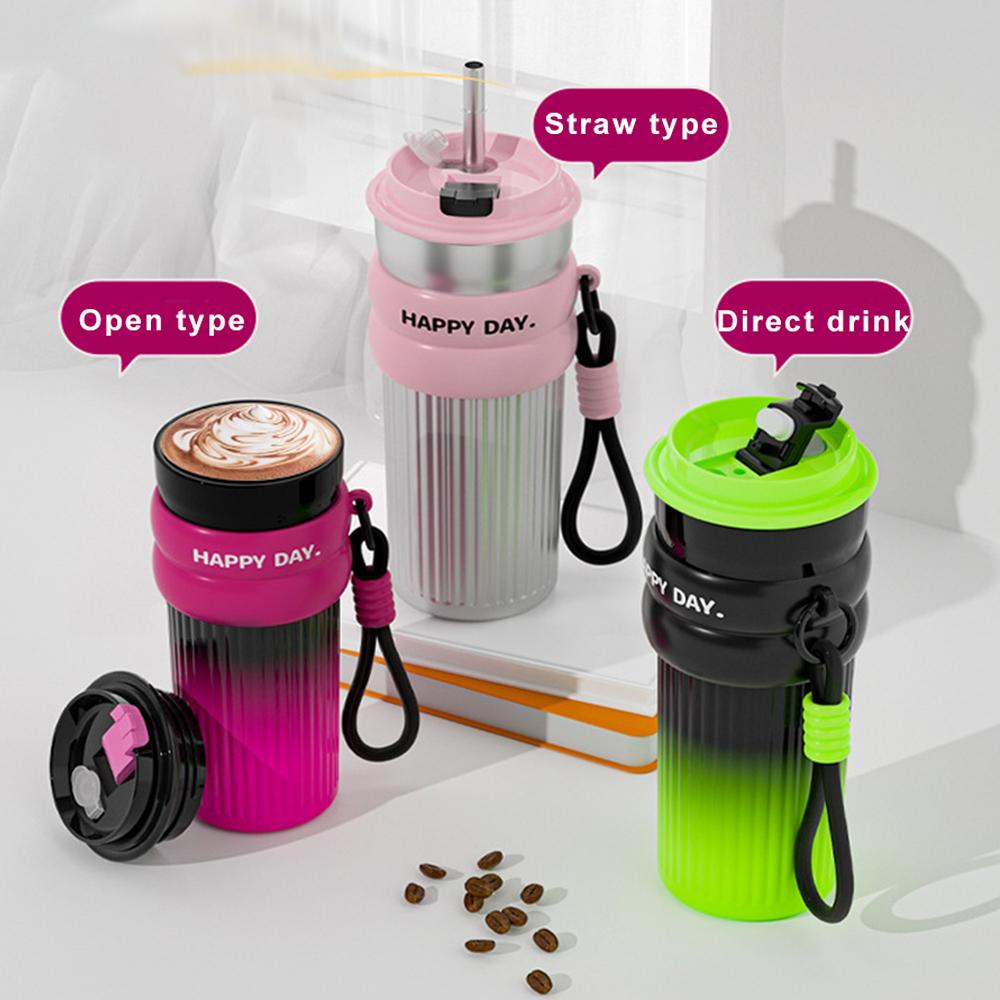 500ML Coffee Cup With Straw Stainless Steel Thermos Coffee Mug With Rope Thermo Bottle For Girls Vacuum Flasks Travel Mug Gifts