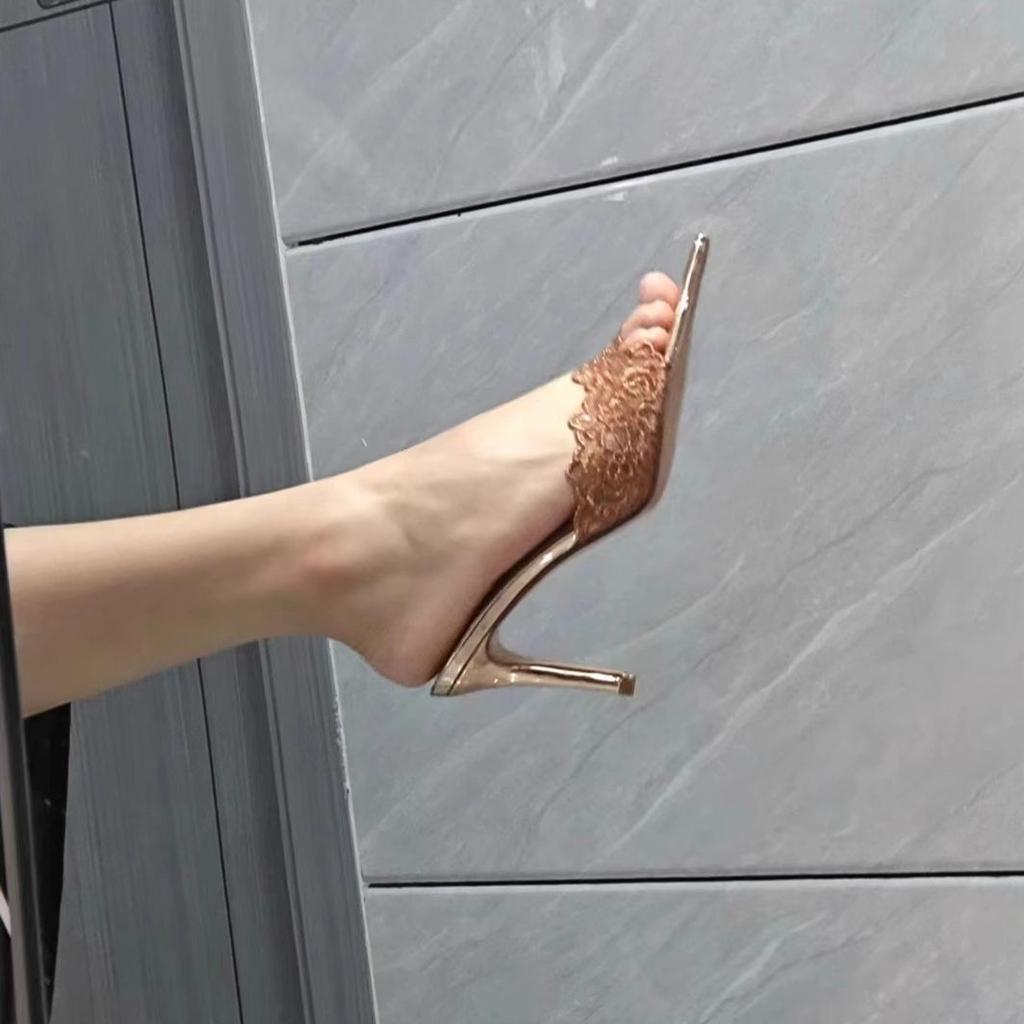 French Champagne, Similar To High-heeled Sandals, Women's Versatile Thin-heeled Temperament, Socialite, Niche Pointed One-word Slippers, Zixia