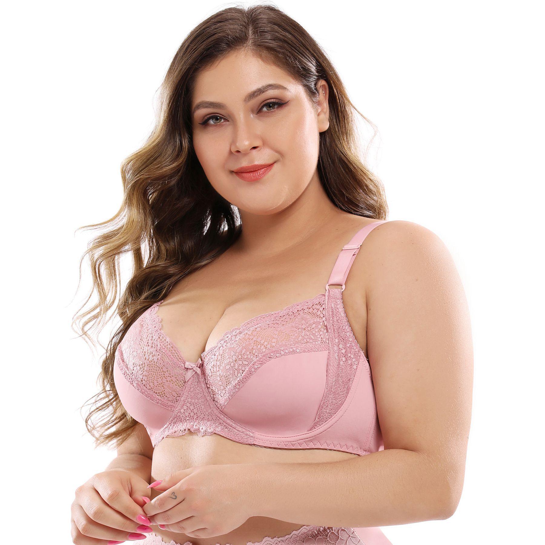 

Бюстгальтер на косточках с кружевной отделкой и чашками DE, сетчатый липкий сексуальный розовый бюстгальтер без косточек со сборками, чувственное нижнее белье больших размеров 42/95E розовый