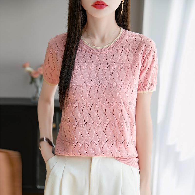 Pure Cotton Round Neck Short-sleeved T-shirt for Women with Versatile Summer New Base Color-blocking Top for Women Hollow