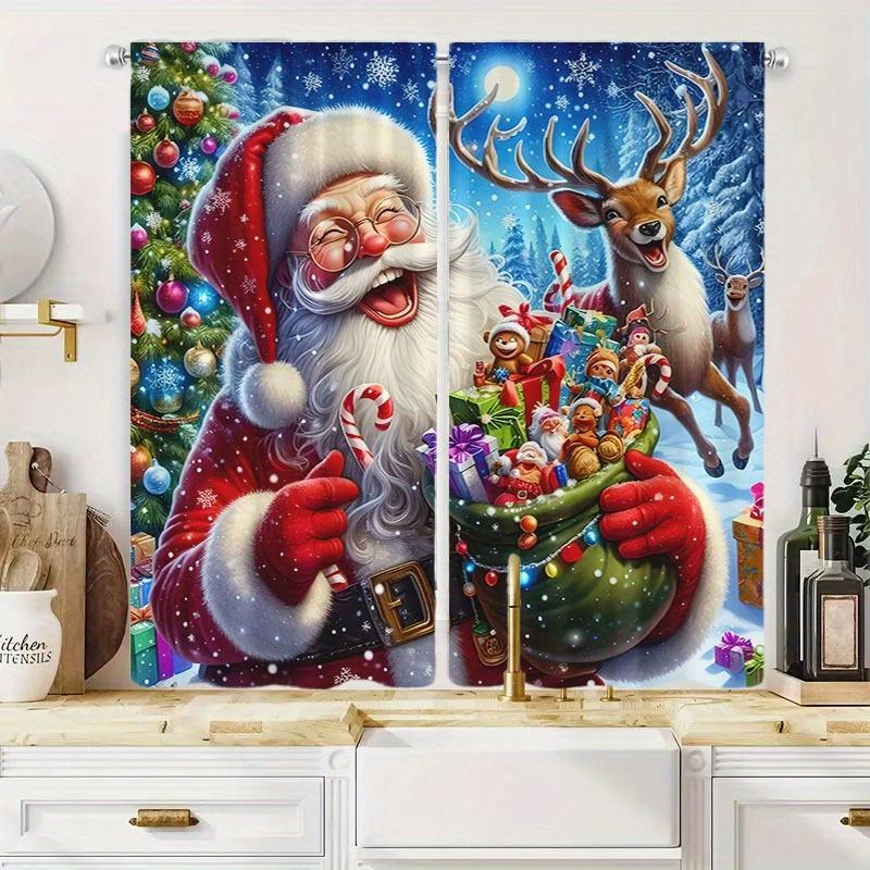 2pcs Christmas Reindeer Santa Claus & Snowman Curtains Digital Print, Rod Pocket Design for Living Room Kitchen Bedroom  Decor