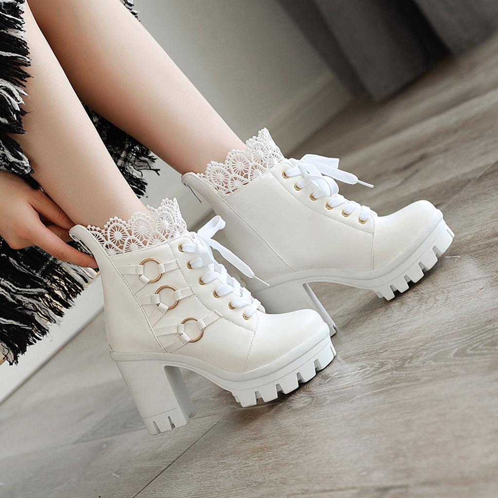 Large Size - Short Boots Coarse Heel White Martin Boots Sweet beautiful women boots Winter High Heel