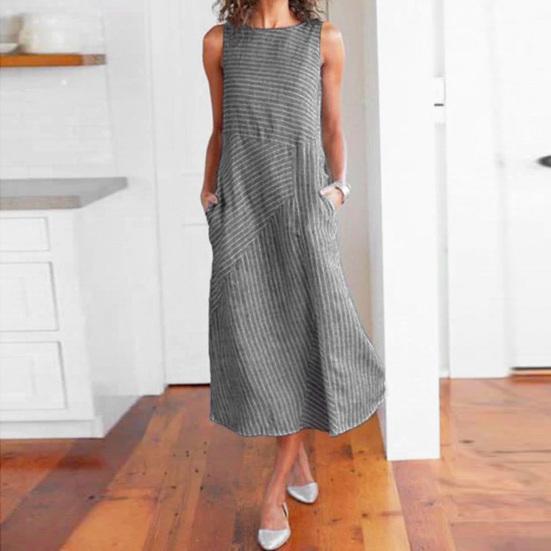 Women Summer Dress Striped Patchwork Sleeveless O-neck Loose Dress-up Pockets A-line Women Midi Dress Women Clothes