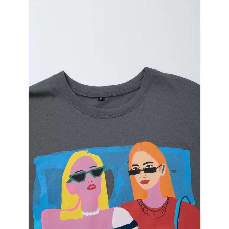 Kaslead New Arrival Women's Fashion Style Fashion Casual All-Matching Printed Washing Effect T-shirt 1131327