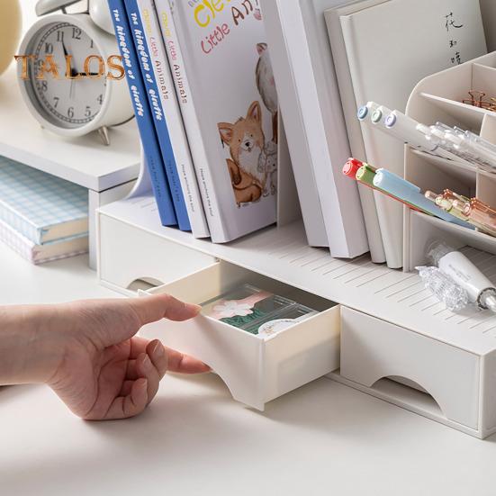 Pen Holder Bookend Large Capacity Desk Organizer with Smooth Drawer Handles Multi-Functional Storage Stationery Organizer