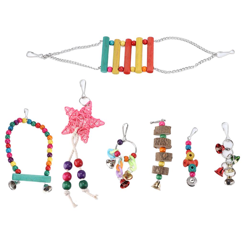 7 Stück Vogelspielzeug Set Vogekäfig Schaukel Kauspielzeug Glockenring Spielzeug Set Papagei Hängespielzeug Set