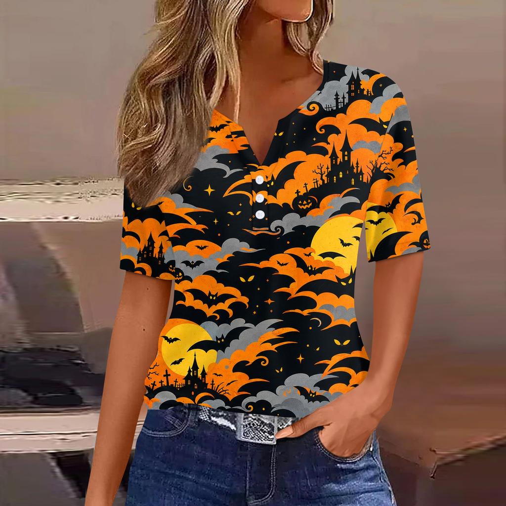 Women's Casual Halloween Print V Neck Short Sleeve Button Down T Shirt Top Lightweight Comfortable Fit